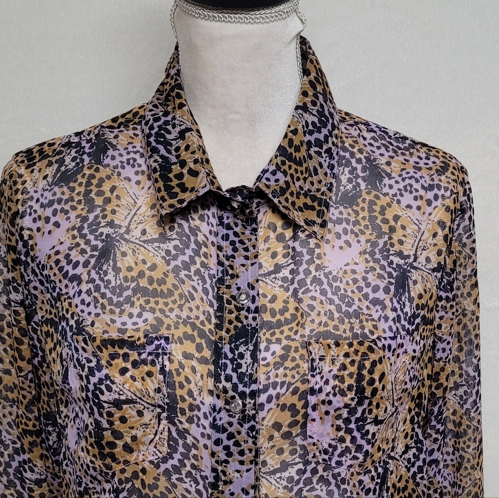 Vintage Cumberland Outfitters Leopard Butterfly Print Button Up Chiffon Blouse M - Picture 5 of 14